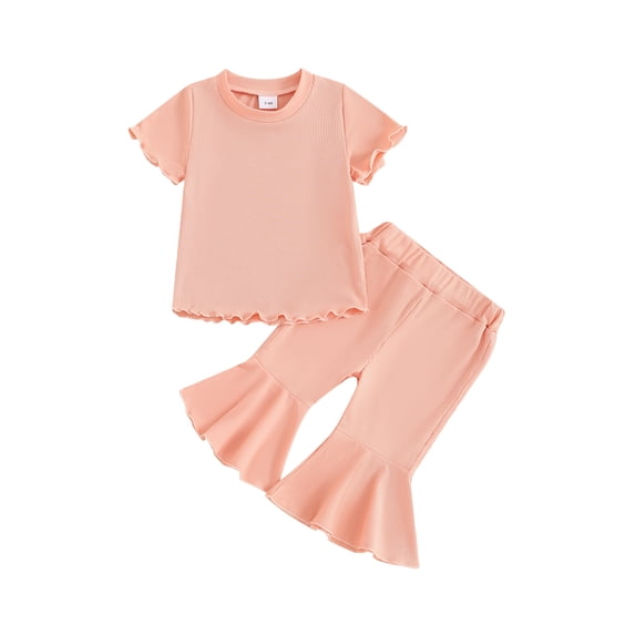 FEORJGP Kid Little Girls Solid Pants Set 6M 12M 18M 2T 3T 4T Toddler Baby Short Sleeve T-shirt Crew Neck Tops with Flare Pants Infant Casual Fashion Comfy Summer Outfit for Daily Holiday