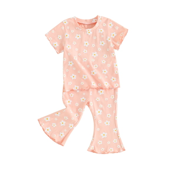 FEORJGP Kids Baby Girl 2Pcs Summer Outfits 6M 12M 18M 2Y 3Y 4Y Toddler Short Sleeve T-shirt Crew Neck Shirt Lettuce Trim Tops + Elastic Waist Trousersnt Cute Sweet Casual Comfy Daily Clothes