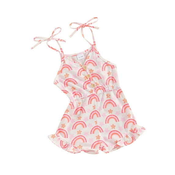 FEORJGP Kids Baby Girl Summer Romper Toddler 1-5Y Sleeveless V Neck Overall Button Front Rainbow Print Jumpsuit Shorts Infant Casual Cute Playsuit for Daily