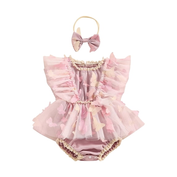FEORJGP Kids Baby Girls Casual Rompers Dress 0 3M 6M 12M 18M Toddler One-piece Jumpsuits Butterfly Embellished Fly Sleeve Mesh Skirt Hem Bodysuits wit Summer Clothes for Party Daily Vacation