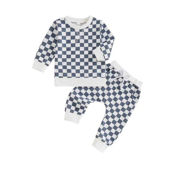FEORJGP Kids Boys 2-piece Outfits 6M 12M 18M 2T 3T 4T Toddler Baby Plaid Long Sleeve Sweatshirts Crew Neck -Pullovers Tops with Elastic Waist Sweatpanshion Vintage Casual Spring Fall Outfits