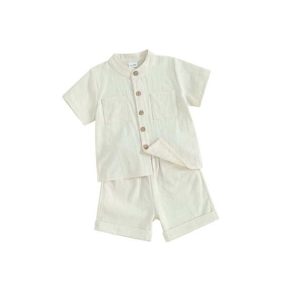 FEORJGP Kids Boys Summer Linen Outfits Toddler Short Sleeve Shirt Solid Color T-Shirt Buttons Tops and Elastic Waist Shorts Infant Baby 2Pcs Loose Casual Daily Clothes Set