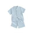 thumbnail image 1 of FEORJGP Kids Boys Summer Linen Outfits Toddler Short Sleeve Shirt Solid Color T-Shirt Buttons Tops and Elastic Waist Shorts Infant Baby 2Pcs Loose Casual Daily Clothes Set, 1 of 9