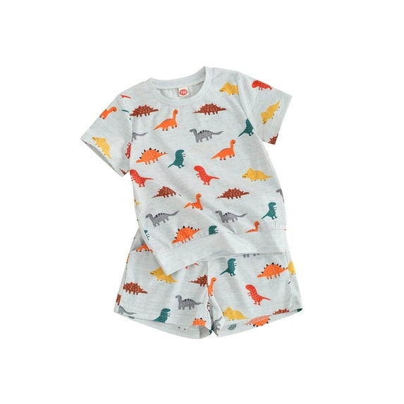 FEORJGP Kids Boys Summer Outfit Toddler Baby 1-6Y Short Sleeve T-shirt Crew Neck Shirt Dinosaur Print Tops and Elastic Drawstring Shorts Sets Little Boy Loose Casual Clothes