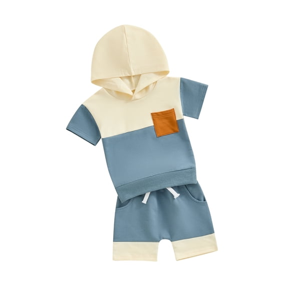 FEORJGP Kids Boys Summer Outfits 6M 1T 2T 3T 4T Toddler Baby Short Sleeve Sweatshirt Hooded T-shirt Hoodies Pocket Tops + Elastic Waist Shorts Infant Little Boys Casual 2 Piece Contrast Color Set