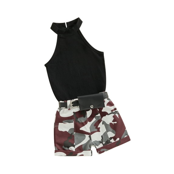 FEORJGP Kids Girl Summer Outfits 1-6Y Toddler Baby Halter Knit Vest Sleeveless Waistcoat Solid Color Ribbed Tank Tops Camouflage Shorts Belt Bag Infant Fashion Cool 3Pcs Clothes Set
