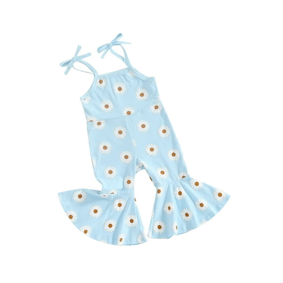 FEORJGP Kids Girl Summer Rompers 6M 1T 2T 3T 4T Toddler Baby Sleeveless Overalls Daisy Print Jumpsuit Wide-Leg Suspender Pants Bell Bottoms Infant Cute Casual Daily Clothes