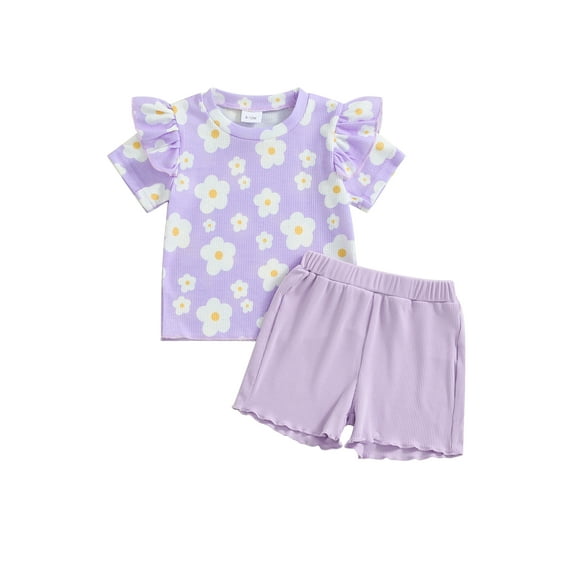 FEORJGP Kids Girls Casual Shorts Set 6M 12M 18M 2T 3T 4T Toddler Baby Short Sleeve T-Shirts Crew Neck Shirts Flower Print Tops with Shorts Infant Litt Comfy Summer Outfits for Daily Vacation