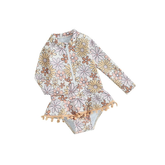 FEORJGP Kids Girls One-piece Swimsuit 1-6Y Toddler Zipped Swimwear Long Sleeve Romper Crew Neck Jumpsuit Flower Print Bikini Outfit Cute Casual Bathing Suit Summer Beachwear