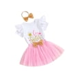 thumbnail image 1 of FEORJGP Kids Girls Summer 3 Piece Outfits 1Y 2Y 3Y 4Y 5Y Toddler White Flying Sleeve T-shirt Crew Neck Shirt Letter Print Tops Pink Tulle Skirt Headband Set Little Girl Cute Sweet Princess Clothes, 1 of 9