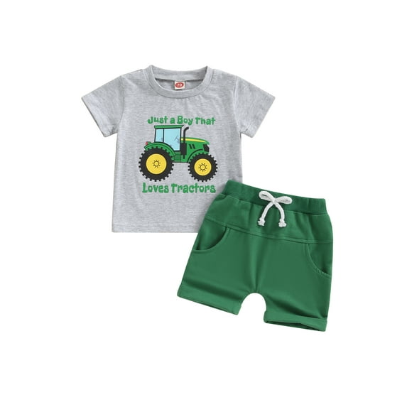 FEORJGP Kids Little Boy 2 Piece Summer Outfits 6M 12M 18M 2T 3T 4T Toddler Baby Short Sleeve T-Shirts Tractor Letter Print Crew Neck Tops Elastic Waisashion Cool Casual Clothes Set for Daily