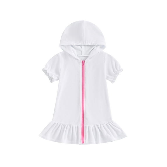 FEORJGP Kids Little Girl Swim Cover Up 1T-8T Toddler Baby Short Sleeve Hoddies One-piece Swimwear Coverups Casual Loose Solid Color Ruffled Zipper Hooded Swimsuit Bathing Suit Beachwear for Vacation