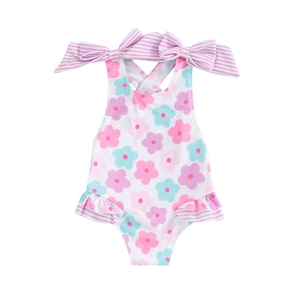 FEORJGP Kids Little Girl's One-piece Swimsuits 18M 2T 3T 4T 5T 6T Toddler Sleeveless Jumpsuits Flower Print Frill Trim Round Neck Rompers with 3D Bow thing Suit Beachwear for Summer Vacation