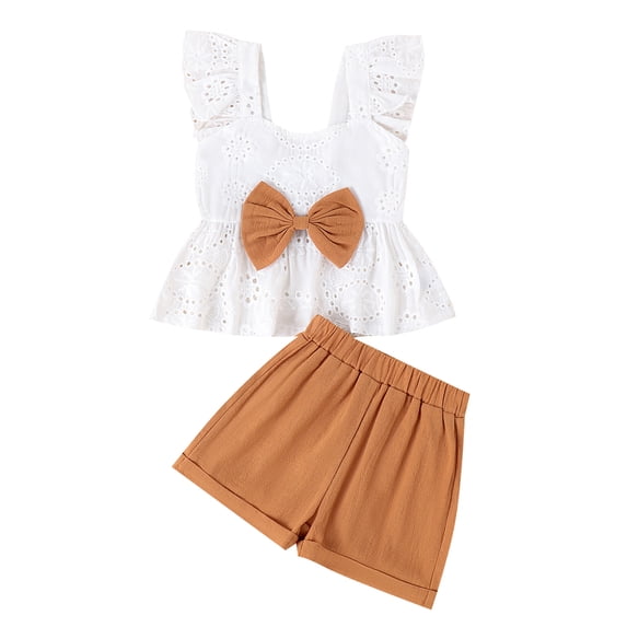 FEORJGP Kids Little Girls Casual Shorts Set 6M 12M 18M 2T 3T 4T Toddler Ruffles Flutter Sleeve Vests Hollow Eyelet Embroidery Camisole Tops Elastic Wats Infant Fashion Cute Outfits for Daily