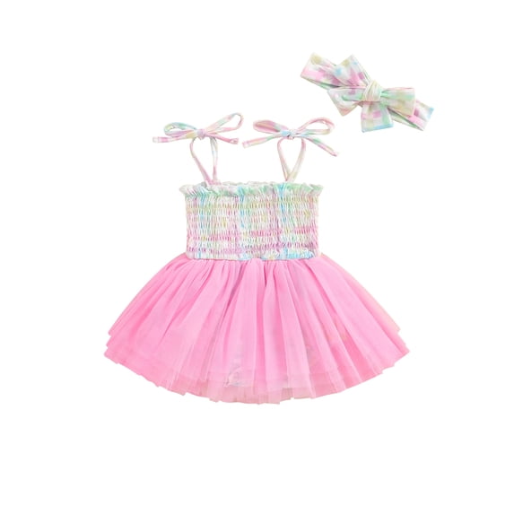 FEORJGP Kids Toddler Baby Girl Slip Dress 3M 6M 9M 12M 18M Infant Tie-up Princess Dress Pleated Stripes A-line Dress Tulle Patchwork Cami Dress Clothehion Cute Summer Outfits for Daily Party