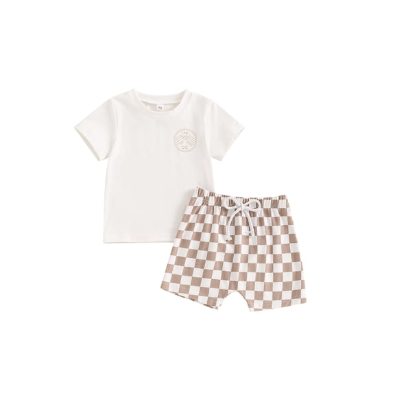 FEORJGP Kids Toddler Boys Casual Shorts Set 6M 12M 18M 2T 3T 4T Infant Baby Short Sleeve T-Shirts Letters Print Tops with Plaid Shorts Set Summer Daily Outfits Little Boy Fashion Cute Clothes