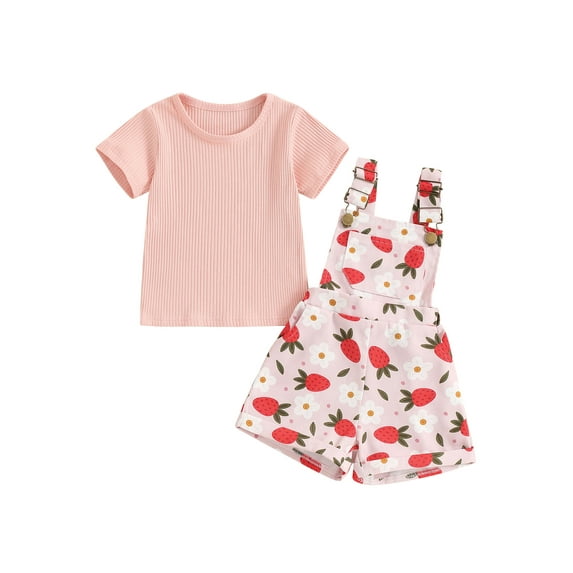 FEORJGP Kids Toddler Girl Summer Outfits 12M 18M 2T 3T 4T 5T Infant Baby Short Sleeve T-Shirts Solid Color Ribbed Tops and Flower Print Suspender Shorsual 2Pcs Clothes Set for Daily Vacation