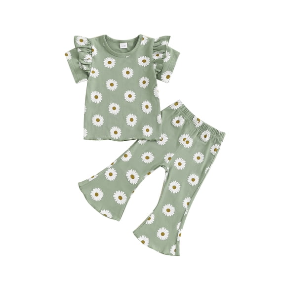 FEORJGP Kids Toddler Girls Summer 2PCS Outfits 12M 18M 2T 3T 4T 5T Infant Baby Flying Sleeve T-Shirts Daisy Print O Neck Tops Flared Pants Sets Little Girl Fashion Cute Casual Clothes for Daily