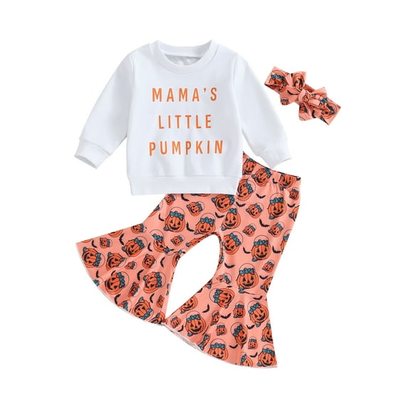 FEORJGP Kids Toddler Infant Baby Girls Halloween Outfits Ghost Print Pullover Round Neck Sweatshirt Long Sleeve Jumper Tops and Flared Pants Set Headband Loose Casual Soft Fashion Suits