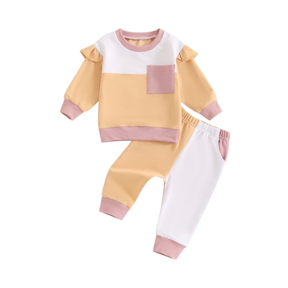 FEORJGP Little Baby Girl 2 Piece Casual Outfits 3M 6M 12M 18M 2T 3T Toddler Long Sleeve Sweatshirts Contrast Color Crew Neck Pullovers Frill Trim TopsCute Comfy Daily Clothes for Spring Fall