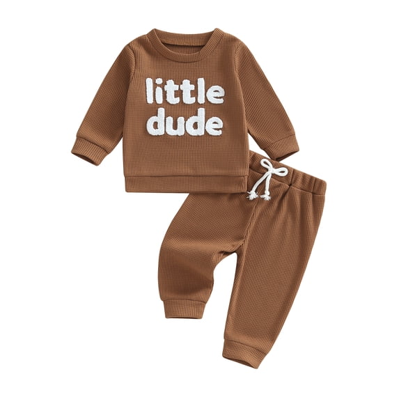 FEORJGP Little Boy Girl 2 Pcs Waffle Outfits 0 6M 12M 18M 2T 3T Toddler Baby Long Sleeve Sweatshirts Letter Embroidery Pullovers Crew Neck Tops with Et Kids Infant Casual Daily Comfy Clothes