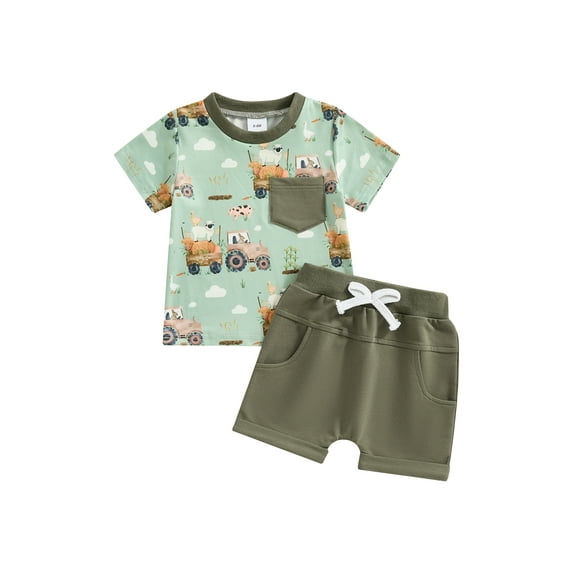 FEORJGP Little Boy Summer 2Pcs Outfits 0 6M 12M 18M 2T 3T Toddler Baby Short Sleeve T-Shirts Crew Neck Shirts Truck Print Pocket Tops with Solid Coloron Cute Casual Daily Clothes for Holiday