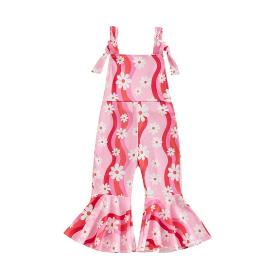 FEORJGP Little Girl Bell Bottom Jumpsuit 6M 12M 18M 2Y 3Y 4Y Kids Sleeveless Tie Up Romper Cute Daisy Print Square Neck Overalls Infant Toddler Fashion Sweet Casual Flare Pants