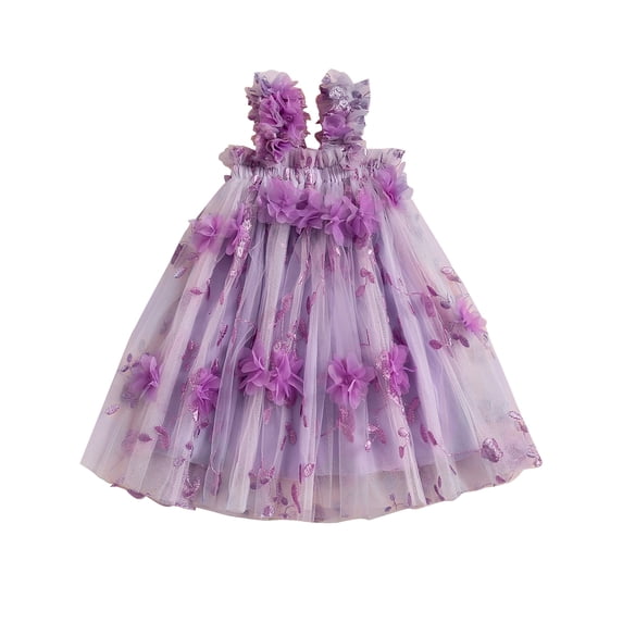 FEORJGP Little Girl's Cami Tulle Dress 6M 1Y 2Y 3Y 4Y Kids Square Neck Princess Dress Sleeveless A-line Dress 3D Flower Leaf Embroidery Party Dress Infant Toddler Cute Sweet Summer Clothes