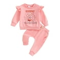 thumbnail image 1 of FEORJGP Little Girls 2 Piece Western Outfits 3M 6M 12M 18M 2T 3T Toddler Baby Ruffles Long Sleeve Sweatshirts Letter Print Pullovers Crew Neck Tops anweet Casual Cute Clothes for Spring Fall, 1 of 7