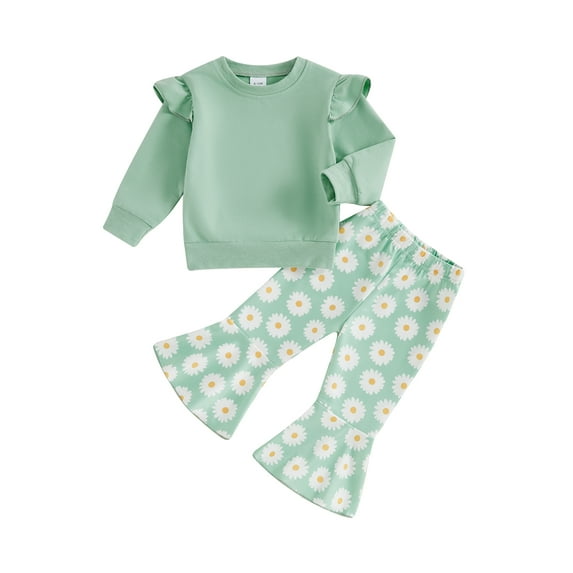 FEORJGP Little Girls 2PCS Causal Outfits 12M 18M 2T 3T 4T 5T Toddler Baby Flying Sleeve Pullovers Crew Neck Sweatshirts Solid Color Tops Floral Flaredfy Clothes Daily Holiday for Spring Fall