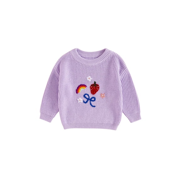 FEORJGP Little Girls Cozy Knit Sweater 6M 12M 18M 2T 3T 4T Toddler Baby Long Sleeve Knitwear Pullovers Rainbow Floral Bow Strawberry Embroidery Jumpers Casual Daily Clothes for Autumn Winter