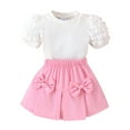 thumbnail image 1 of FEORJGP Little Girls Summer Outfits 6M 1T 2T 3T 4T Toddler Infant Round Neck T-shirt Puff Sleeve Shirt Ribbed Tops + Elastic Waist 3D Bow Mini Skirt Set Kids Fashion Casual Cute Clothes, 1 of 9