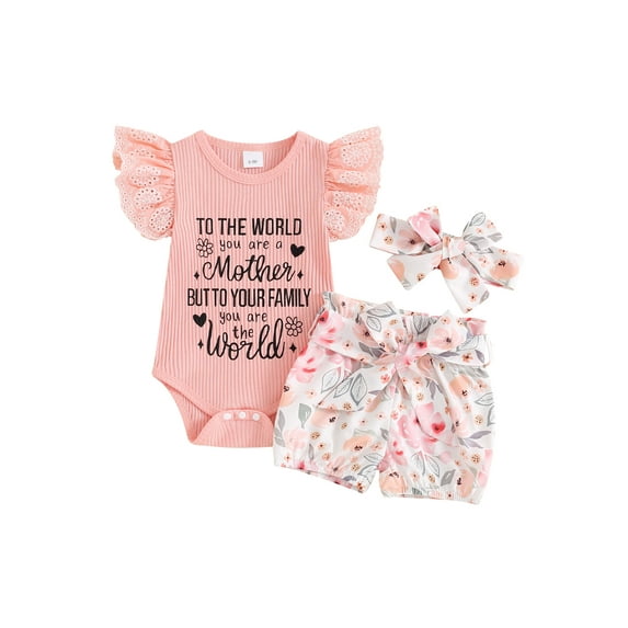 FEORJGP Newborn Baby Girl Summer Outfits 0 3M 6M Infant Lace Fly Sleeve Rompers Letter Print Ribbed Jumpsuit Crew Neck Bodysuit Floral Print Bloomers Shorts Headband Cute Sweet Casual 3Pcs Clothes Set