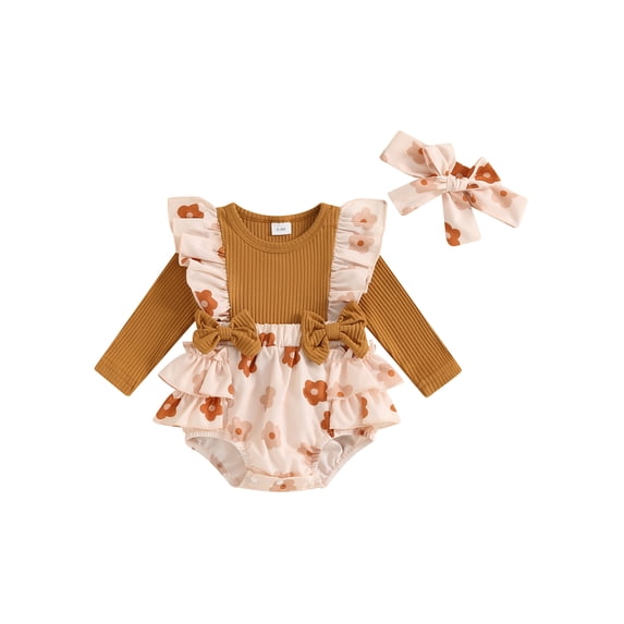 FEORJGP Toddler 2-Piece Baby Girls Floral One-piece Jumpsuits Set 0 3M 6M 12M 18M Infant Ruffled Long Sleeve Rompers Bow Trim Ribbed Tiered Dress Body Adorable Casual Outfits for Daily Party