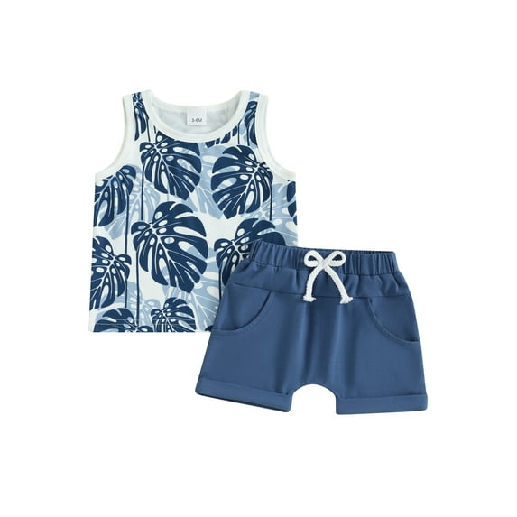 FEORJGP Toddler Baby Boy 2 Piece Outfits 6M 12M 18M 2Y 3Y Infant Sleeveless Vest Sea Tree Print Crew Neck Tank Tops and Elastic Shorts Set Newborn Casual Fashion Daily Summer Clothes