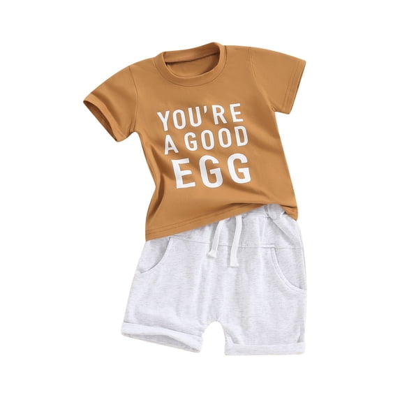 FEORJGP Toddler Baby Boy Easter Outfit Infant 0-3Y Short Sleeve T-shirt Crew Neck Shirt Letters Print Tops with Elastic Waist Drawstring Shorts Newborn Loose Casual Summer 2-piece Outfit