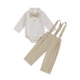 thumbnail image 1 of FEORJGP Toddler Baby Boy Gentleman Outfits 0-24M Infant Classic Stripe Long Sleeve Shirts Bodysuits Lapel Neck Rompers with Suspender Pants and Bow TiFashion Formal 3 Pcs Daily Set for Party, 1 of 7