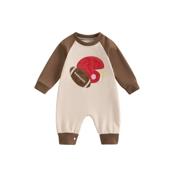 FEORJGP Toddler Baby Boy One-piece Jumpsuits 0 3M 6M 12M 18M Infant Fashion Long Sleeve Rompers Football Embroidery Round Neck Bodysuits Newborn Littl Comfy Playsuits Clothes for Spring Fall