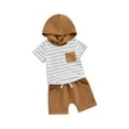 thumbnail image 1 of FEORJGP Toddler Baby Boy Summer Outfits 0-3Y Infant Short Sleeve Hooded T-shirt Striped Hoodie Sweatshirt Tops + Rolled Shorts Set Newborn Loose Casual Daily Clothes, 1 of 9