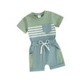 thumbnail image 1 of FEORJGP Toddler Baby Boy Summer Outfits 0-3Y Infant Short Sleeve T-shirt Crew Neck Shirt Striped Print Tops + Pocket Drawstring Shorts Set 2Pcs Loose Casual Contrast Color Clothes, 1 of 9