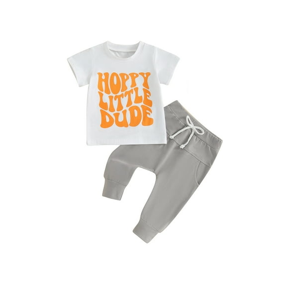 FEORJGP Toddler Baby Boy Summer Outfits 3M 6M 12M 18M 2Y 3Y Infant Round Neck T-shirt Short Sleeve Crew Neck Letter Print Tops + Elastic Waist Pants with Pocket Newborn Loose Casual Easter Set