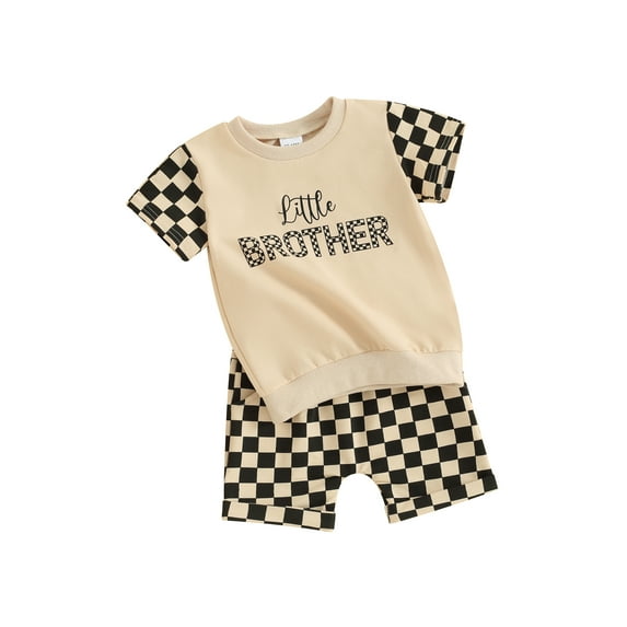FEORJGP Toddler Baby Boy Summer Outfits 3M 6M 1T 2T Infant Short Sleeve T-shirt Checkerboard Letter Print Crew Neck Shirt Tops + Shorts Set Newborn Loose Casual 2Pcs Clothes