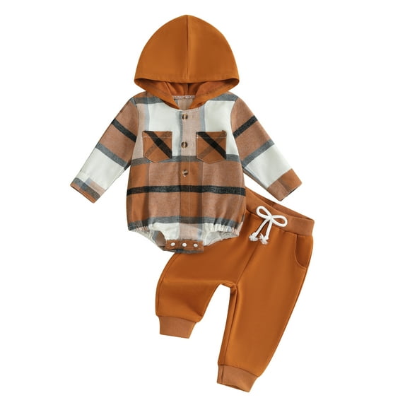 FEORJGP Toddler Baby Boys 2-Piece Plaid Set 0 6M 12M 18M 24M Infant Long Sleeve Hoodies Jumpsuits Chest Pocket Button Sweatshirts Bodysuits Hooded Romsic Casual Comfy Outfits for Spring Fall