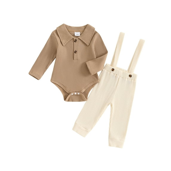 FEORJGP Toddler Baby Boys 2Pcs Casual Outfits 0 3M 6M 9M 12M 18M Infant Long Sleeve Rompers Solid Color Turn-Down Collar Jumpsuits and Suspender Pants Comfy Daily Clothes Set for Spring Fall