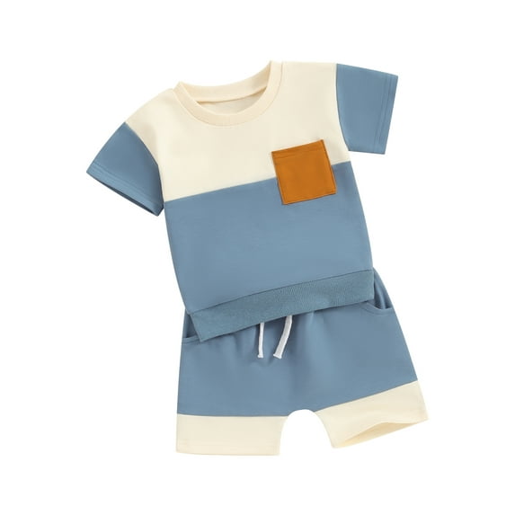 FEORJGP Toddler Baby Boys Casual Shorts Set 0-3Y Infant Short Sleeve T-shirt Crew Neck Shirt Contrast Color Tops with Elastic Waist Shorts Newborn Loose Summer Daily Outfit
