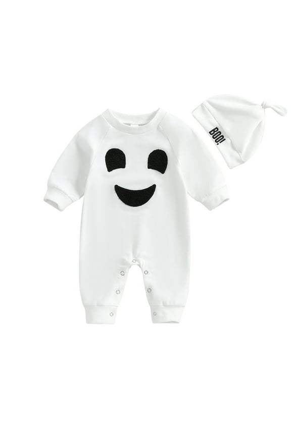 Toddler Baby Boys Girls 2Pcs Halloween Outfits 0 3M 6M 12M 18M Infant Long Sleeve Jumpsuits Round Neck Rompers Ghost Bodysuits with Hat Set Kiirl Fashion Cute Comfy Clothes for Party