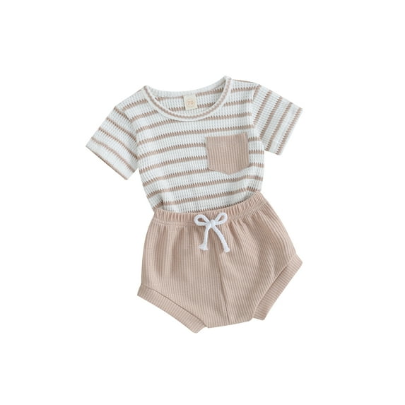 FEORJGP Toddler Baby Boys Girls Summer Waffle Clothes Infant 0-2Y Short Sleeve T-Shirt Round Neck Shirt Stripe Print Tops with Drawstring Shorts Little Kids 2Pcs Loose Casual Outfit