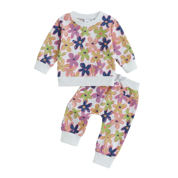 FEORJGP Toddler Baby Girl 2Pcs Casual Outfits 0 6M 12M 18M 2T 3T Infant Long Sleeve Sweatshirts Colorful Floral Print Pullovers Crew Neck Tops Pantsshion Cute Comfy Clothes for Spring Fall