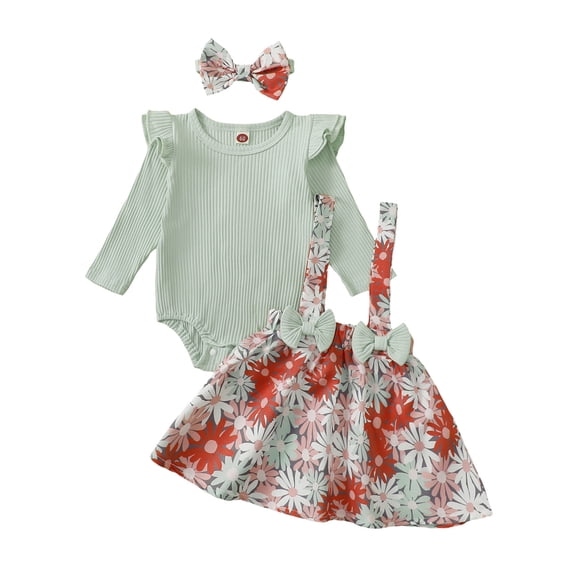 FEORJGP Toddler Baby Girl 3Pcs Outfits 0 3M 6M 12M 18M Infant Solid Crew Neck Jumpsuits Ribbed Long Sleeve Rompers Floral/Strawberry Print Suspender S Casual Cute Clothes Set for Spring Fall