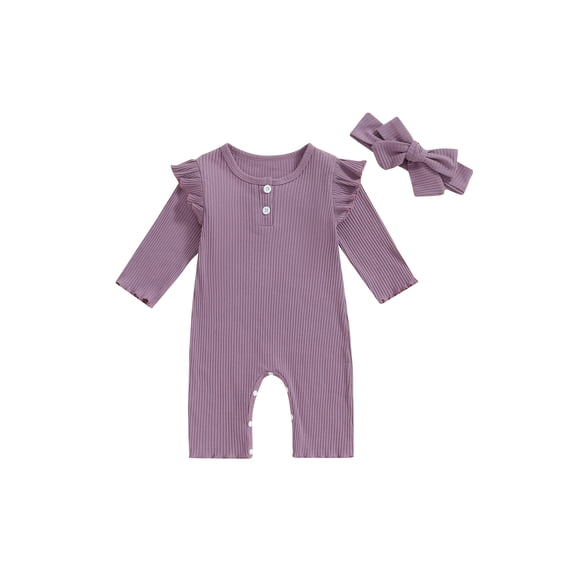 FEORJGP Toddler Baby Girl Basic One-piece Rompers 0 3M 6M 12M 18M Infant Solid Crew Neck Jumpsuits Buttons Long Sleeve Bodysuits with Headband Kids Lion Simply Casual Clothes for Spring Fall